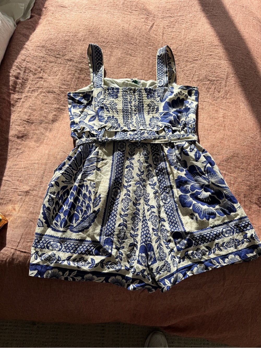 FARM Rio Blue Floral Belted Romper – Size Large - Picture 2 of 3